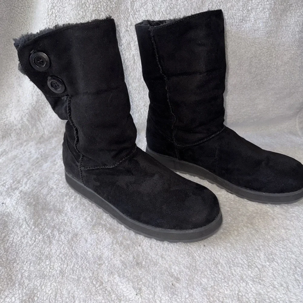 Skechers Womens Keepsakes Snow Boots 10 Black Faux Fur Button Trim SN 44938